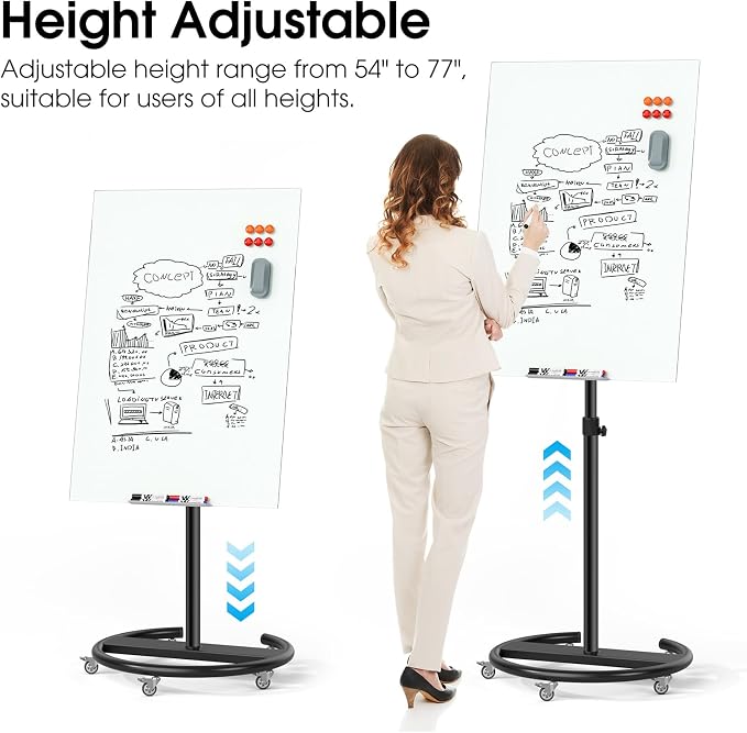 MaxGear Glass Mobile Whiteboard– 40'' x 28'' Magnetic Dry Erase Board Stand | Whiteboard with Stand & Wheels, Portable Dry Erase Easel for Office, Classroom & Home, Includes 4 Markers, 6 Magnets & Eraser