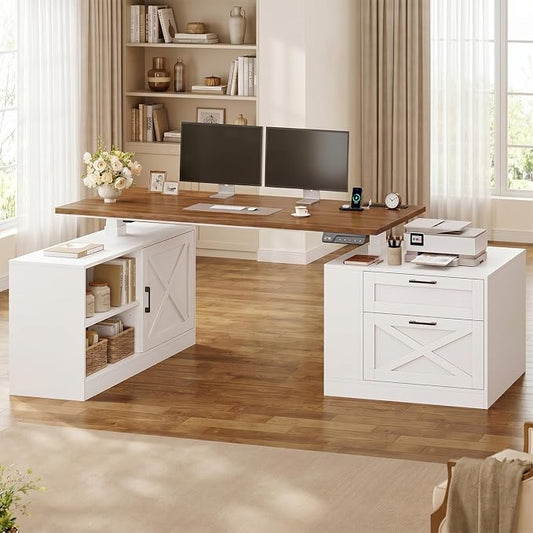 UPOSOJA 71" Farmhouse L Shaped Standing Desk, Electric Height Adjustable Corner Desk with Storage Cabinet & File Drawers, Wood Stand up Computer Desks with Power Outlets for Home Office
