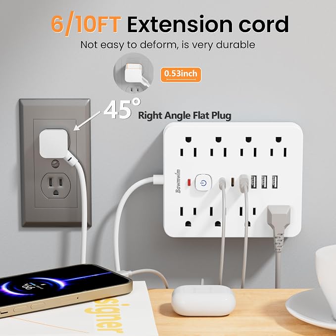 Surge Protector Power Strip - 8 Outlets(1850W/15A/14AWG) 4 USB A（2 USB C, 10FT Flat Plug Extension Cord, Wall Mount Multi Plug Outlet Extender, ETL Listed for Home, Dorm Room