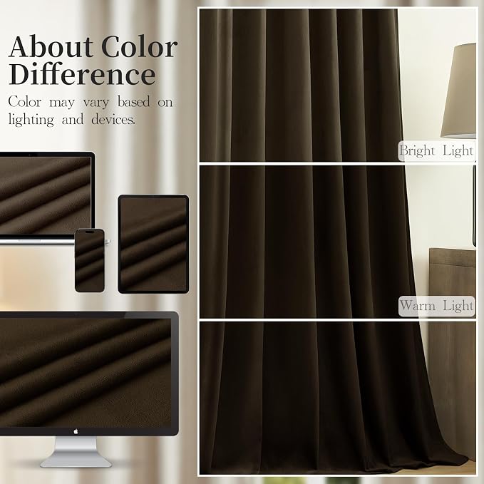 Brown Velvet Curtains Extra Long Room Darkening Drapes Super Soft Luxury Thermal Insulated Soundproof Privacy Window Curtains for Bedroom Living Room, Back Tab Rod Pocket, W52 x L108, 2 Panels