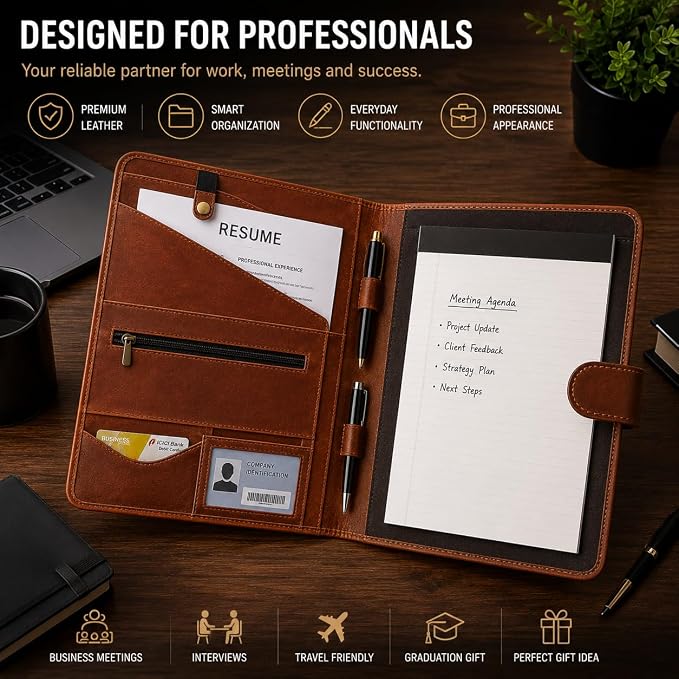 Leather Portfolio Padfolio Organizer – Professional Resume & Interview Portfolio Folder with Zipper Pocket, Card Slots & Pen Holders – Genuine Leather Business Portfolio Binder for Documents