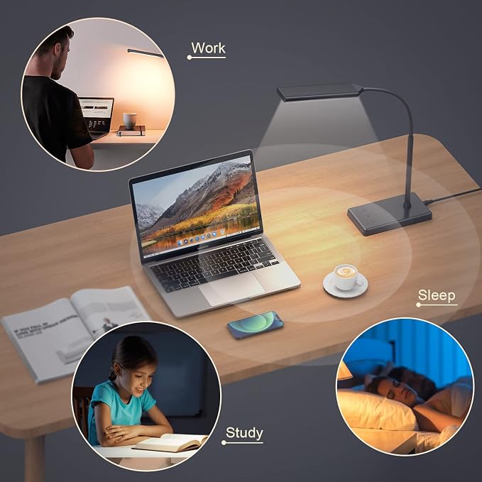 LED Desk Lamp for Office Home, Wireless Charger Desk Lamp with Dimmable, 12W Eye-Caring Desk Light, 600LM Reading Light for Desk, 5 Color Modes 6 Brightness Levels Lamp for Study, Workbench
