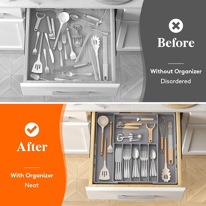 Lifewit Silverware Drawer Organizer, Expandable Utensil Tray for Kitchen, BPA Free Flatware and Cutlery Holder, Adjustable Plastic Storage for Spoons Forks Knives, 5-8 Slots, Gray