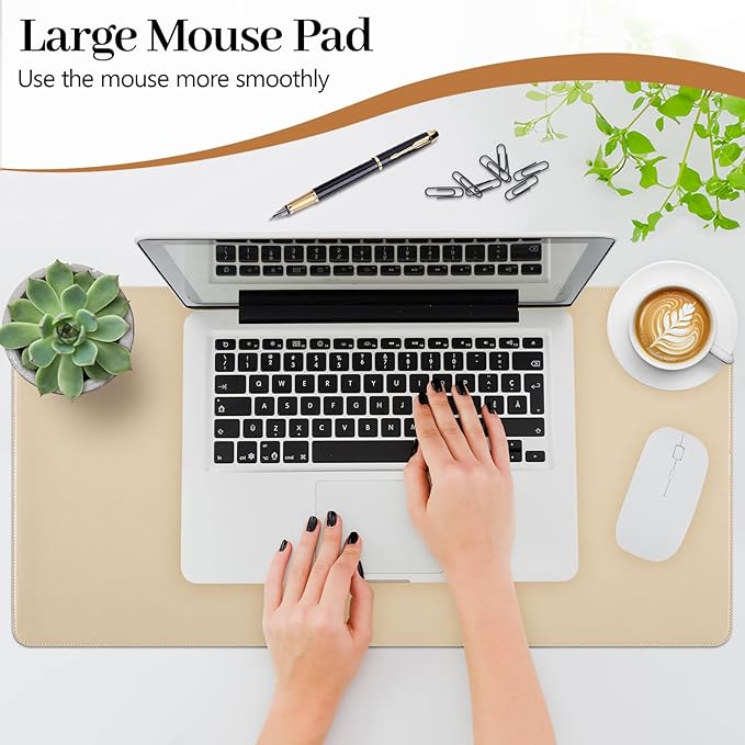 Leather Desk Pad, Desk Matt for Desktop, Non-Slip Keyboard and Mouse Pad, Waterproof Computer Desk Protector Mat, Beige Desk Accessories for Women, 23.6"x13.7"