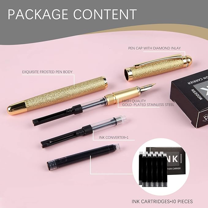 fountain pen-Multiple color styles with rhinestone,diamond inlay and frosted finish,Cute pens,Luxury pen,Office pens,Best pen set,Includes 10 Ink Cartridges and Ink Refill Converter(Gold)