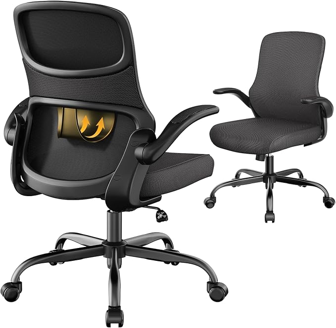 Small Mesh Office Chair with Flip-Up Arms, Ergonomic Desk Chair | Adaptive lumbar contour, 2.8inch dual-density foam and quiet casters aid computer work; 90° folding design tucks under table