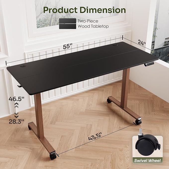 Monomi Electric Standing Desk 55”x24”, Height Adjustable Desk with Wheels | Sit Stand Up Desk for Home Office,Ergonomic Computer desk with Memory Preset and Anti-Collision,Headphone Hook, Black