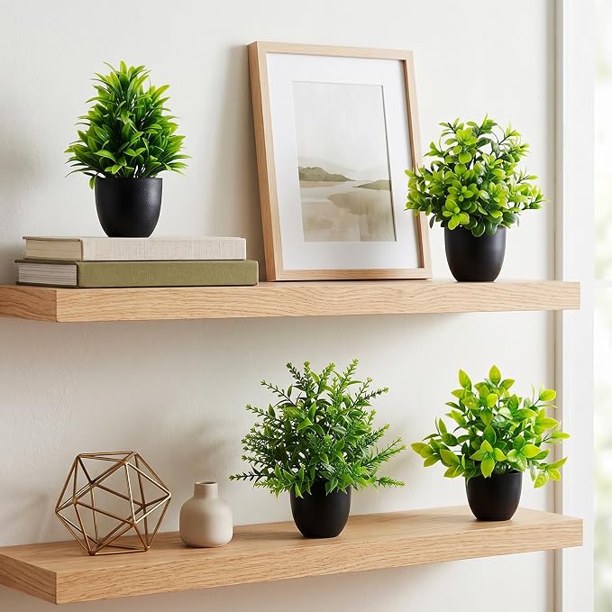 4 Pack Fake Plants Mini Artificial Potted Plants for Home Office Desk Decor, Small Faux Greenery with Black Pots, Assorted Fake Grass & Leaf Plants for Indoor Shelf Bathroom Kitchen Decoration