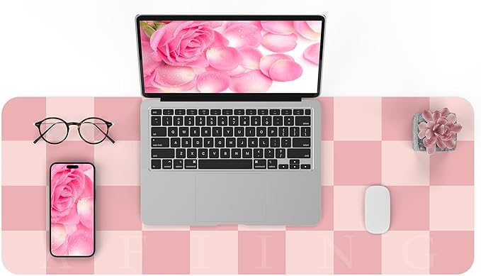 AFIING Pink Checkered Desk Mat, 31.5" x 12"，Waterproof PU Leather Desk pad | Non-Slip Rubber Base, Easy Clean Surface, Desk Protection, Office & Home