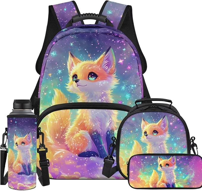 Ystardream Bling Cute Fox Backpack for Girls 8-12 Kids School Backpack with Lunch Bag,Pencil Bag,Water Bottle Sleeve,Large Laptop Bookbag with Multiple Pockets for Boys and Girls Daily Use