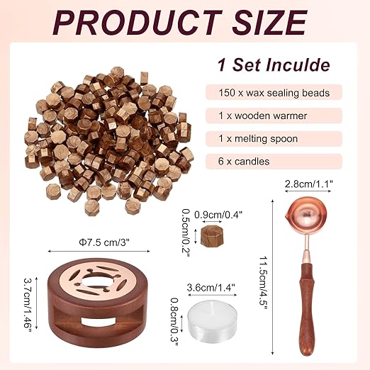 PATIKIL Wax Seal Kit, 150 Pcs Wax Sealing Beads, Wooden Warmer, Melted Spoon, 6 Pcs Tealight Candles for Envelope Letter Mailing Crafts DIY, Copper Gold