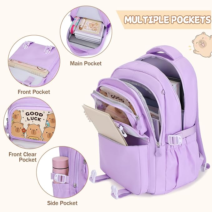 Capybara Backpack for School Girls, 30PCS Capybara Gifts School Supplies Stationery Set with Lunch Box Pencil Case Pens Pencils Notebook Cartoon for Kindergarten Elementary Student(Purple)