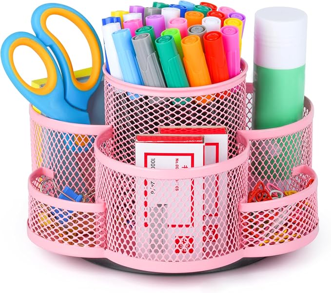 Topwey Pink Rotating Pencil Holder for Desk Office | 360-degree Rotation, 7 Compartments, Metal