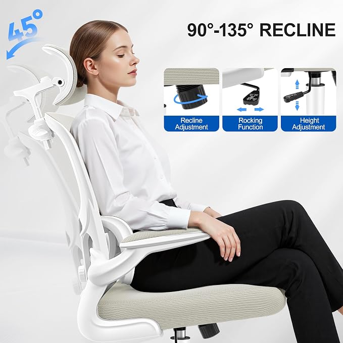 ALLGOD Ergonomic Office Chair, Mesh Desk Chair with Lumbar Support, High Back Home Office Chair with Adjustable Headrest and Flip-Up Arms, Comfortable Computer Chair, Thick Cushion, 300 LBS, White