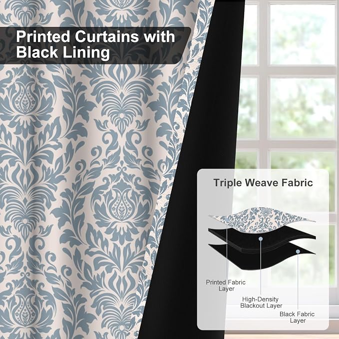Bedroom Curtains 84 Inches Long, Blackout Curtains for Living Room Darkening, Vintage Damask Pattern Blue Curtain 2 Panels Set, Grommet Thermal Privacy Black Out Window Drapes for Bedroom Nursery