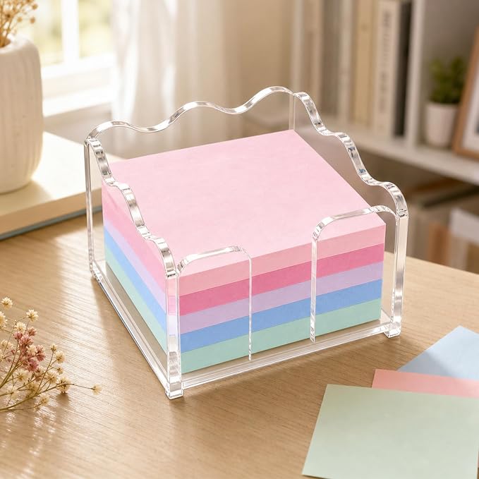 Scalloped Acrylic Sticky Note Holder - 1pc Clear Cute Notepad Holder, 3x3 Inch Wave Design Post It Dispenser Desk Organizer for Office & Classroom