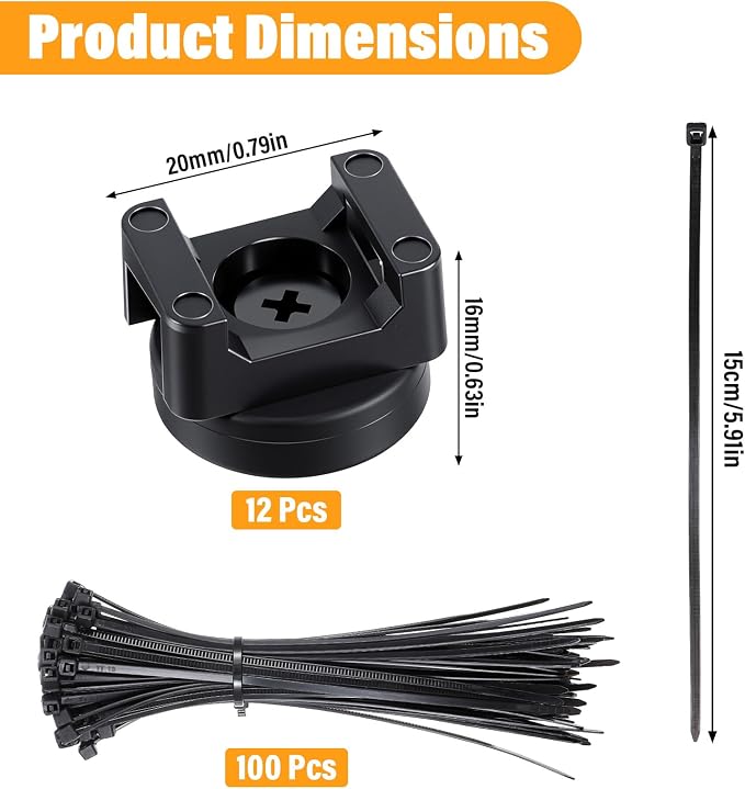 112 Pieces Magnetic Cable Zip Tie Mounts, 12 Pcs Magnets with 100 Pcs Cable Zip Ties, Multipurpose Magnetic Cables Holder for Cables Management, Wire Management Bases