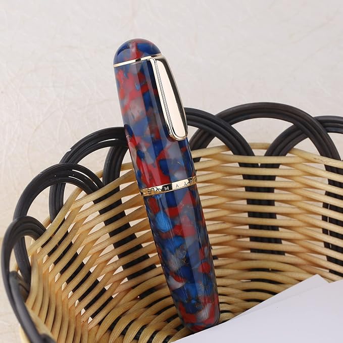 Majohn Q1 Fountain Pen Extra Fine Nib Blue Red Acrylic, Little Fat Man Eyedropper Filling Pocket Pen Large Capacity