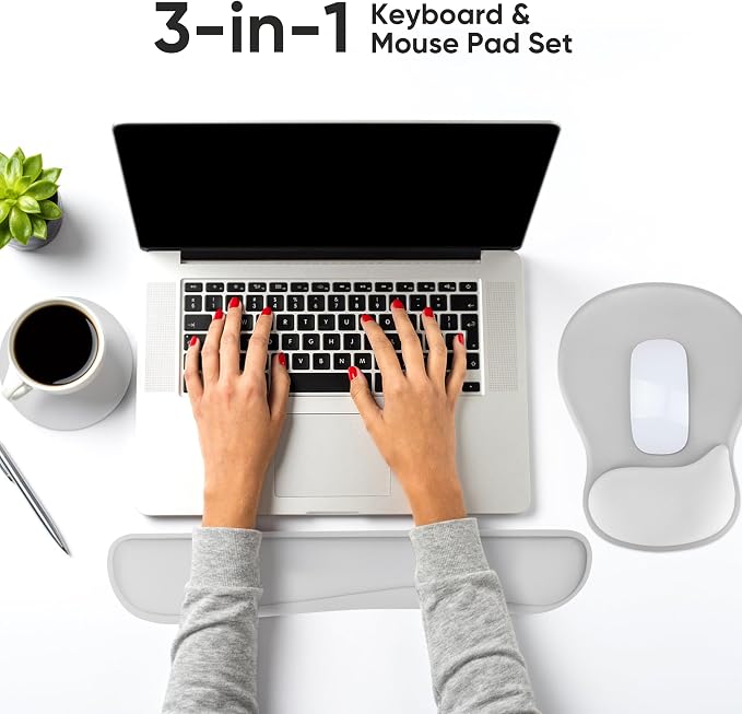 Wrist Rest Support for Mouse Pad Keyboard Set Circle Coaster Gaming Mouse Pad Ergonomic Gel Memory Foam Set for Computer, Laptop, Office, Pain Relief, Comfortably Typing Grey KM-31