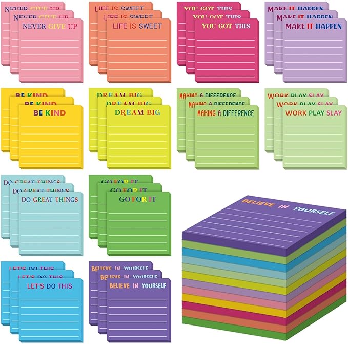 Yinder 48 Pcs Inspirational Sticky Notes Thank You Gift Motivational Sticky Note Pad Employee Appreciation Gift Bulk for Staff Coworker Teacher Nurse Office Groups 3 x 3'' (Motivational,Dark Color)