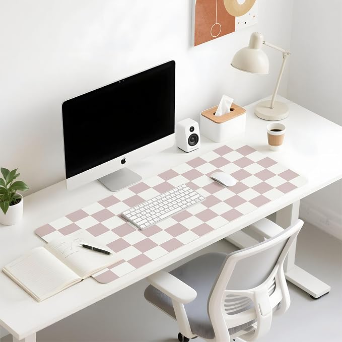 Mouse Pad Leather Desk Mat Large Keyboard Cute Office Desktop Computer Laptop XXL Long Big Aesthetic Modern Design Women Girls Gaming Gamer Oversized Wide Mousepad 31.5"x15.7", Khaki Plaid