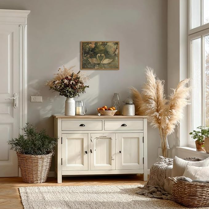 Framed Vintage Swan wall art, Rustic Romantic White Swan Pictures Wall Decor, Cottagecore Farmhouse Animal Paintings Canvas Prints Aesthetic Home Decor for Living Room Bedroom Bathroom 12x16 inch