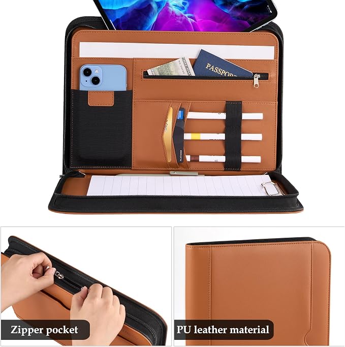 ProCase Portfolio Business Padfolio Folder with Zipper, Conference Meeting Executive File Legal Document Organizer with Pockets Letter Size A4 Writing Pad Notepad Padfolio -Tan