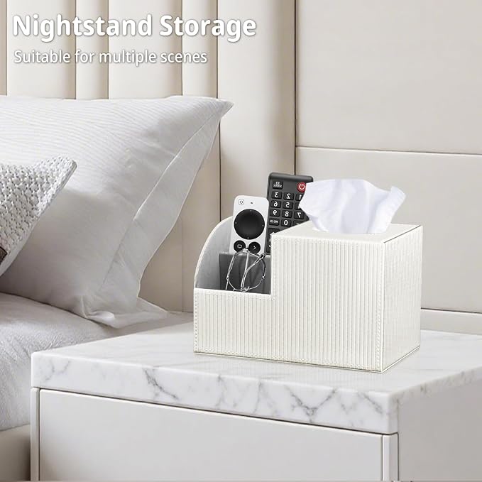 Square Tissue Box Cover with Storage, PU Leather Facial Cube Tissue Holder | TV Remote Control Holder, Desk Accessories Nightstand Organizer, Modern Table Caddy for Bathroom, Bedroom, Home, Office Decor