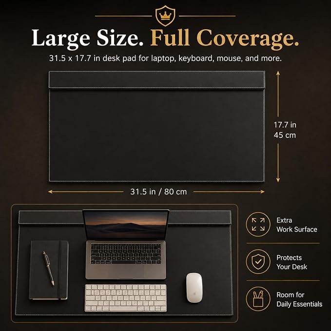 Fumete 31.5" x 17.7" PU Leather Desk Pad Mat, Large Waterproof Desk Blotter with Top Rail, Dual-use Writing Board & Mouse Pad for Office Home Desktop