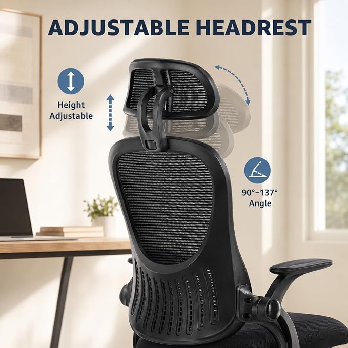 Black Ergonomic Office Chair, High Back Mesh Desk Chair with Adjustable Headrest Lumbar Support, Computer Chairs with Flip-up Armrests and Thickened Cushion for Adults Home Office, 360° Swivel