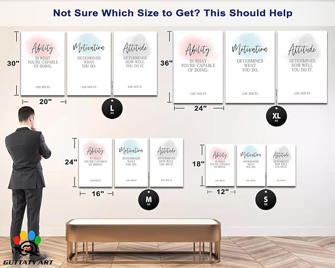 3 Piece Inspirational Wall Art - Ability Attitudes Motivation Quotes Canvas Art Print for Men Room Decor, Office Wall Art Pictures, Motivational Poster Framed Artwork for School Decor 16”x24”x3Pcs