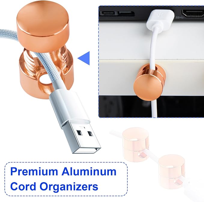 SmallCat 3 Sets Charger Holders for Cords, Rose Gold Color Adjustable Cable Anchor Holders, Adhesive Metal Cord Clips, Cable Management Wire Organizers for Desk, Office, Nightstand