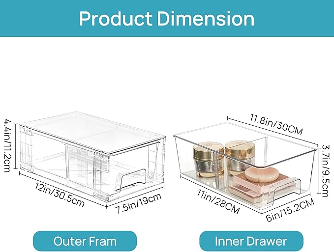 Vtopmart 4 Pack Stackable Storage Drawers,Clear Acrylic Drawer Organizers with Handles, Easily Assemble for Fridge, Bathroom,Kitchen Undersink,Cabinet,Pantry Organization and Storage | Clear Drawer Organizers with Removable Dividers for Flexible storag...