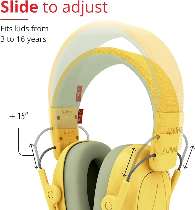 Alpine Muffy Kids - Hearing Protection - CE & ANSI Certified - Adjustable for Ages 3-16 years - Noise Cancelling Headphones - 25dB Sound Reduction Ideal for Protection and Concentration Aid - Yellow