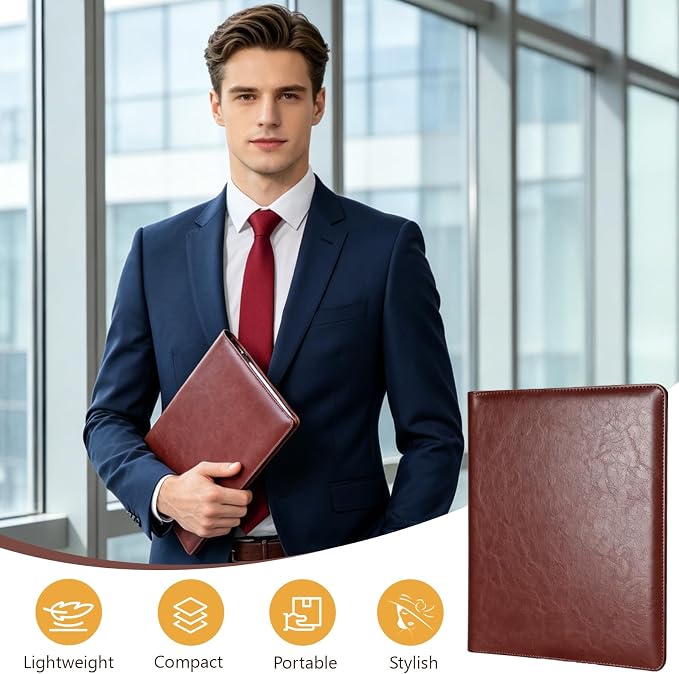 Padfolio Portfolio Binder, Faux Leather Folder, Resume Interview Legal Document Organizer, Letter Sized Writing Pad w/Business Card Holder, A4 Professional Folio for Office Conference (Brown)