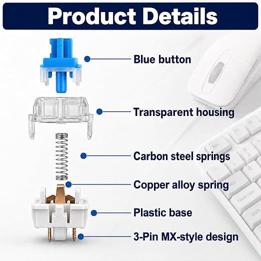 120 Pcs Blue Mechanical Keyboard Switches 3-Pin Tactile Compatible with Most Gaming Keyboards, Dustproof & Waterproof Keyboard Clicker, Including 2Pcs Switch Puller