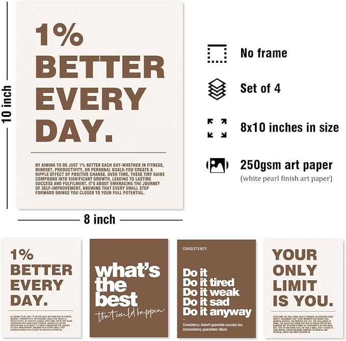 DSHFG Motivational Inspirational Office Wall Art Decor Prints Set of 4, Black Motivational Wall Decor Trendy Retro Posters for Office Home Decor, 8x10 Unframed (Brown)