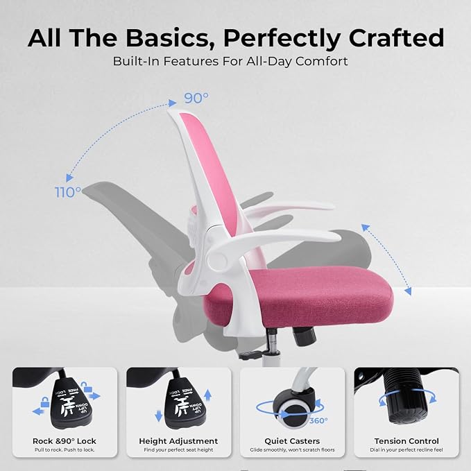 Ergonomic Mesh Office Chair for Home Office, Flip-Up Arms, Breathable Mesh Back & Thick Seat Cushion, Swivel Rolling Computer Desk Chair – BIFMA Certified, Supports 300 lbs (White Frame/Pink Seat)