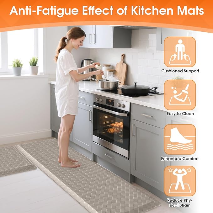 TranquilRelax 4/5 Inch Thick 2-Piece Anti-Fatigue Kitchen Mats, Cushioned Non-Slip Waterproof Sink & Stove Floor Mats, Comfortable Standing Rug Set for Kitchen, Laundry & Entryway, Brown