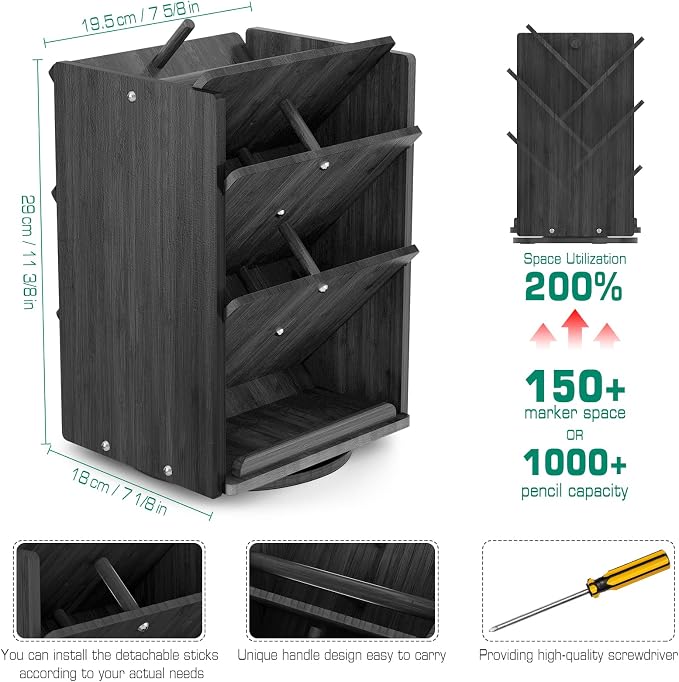 Bamboo Rotating Large Desk Organizer - Darfoo Art Supply Organizer, 13 Compartments, 1000+ Pencil Holder Capacity, Easy DIY Assembly, Spinning Desktop Organizer for Home Office Supply (Black)