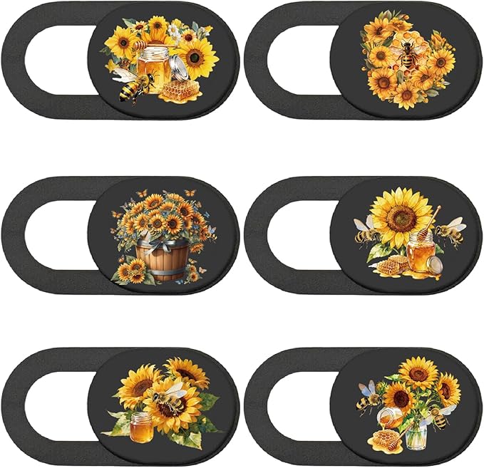 6Pcs 6 Styles Camera Cover Slide Flower Phone Privacy Camera Cover Bees Sunflower Design Webcam Protector for Laptop Desktop Computer Tablet Phone Notebook Mini PC Accessories Office Use