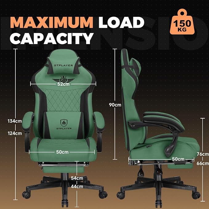 GTPLAYER Gaming Chair with Footrest, Ergonomic Office Chair 400lbs Heavy Duty, Big and Tall Computer Desk Chair with Lumbar Support and Headrest, Breathable Plush Fabric, 90-155° Recline Green