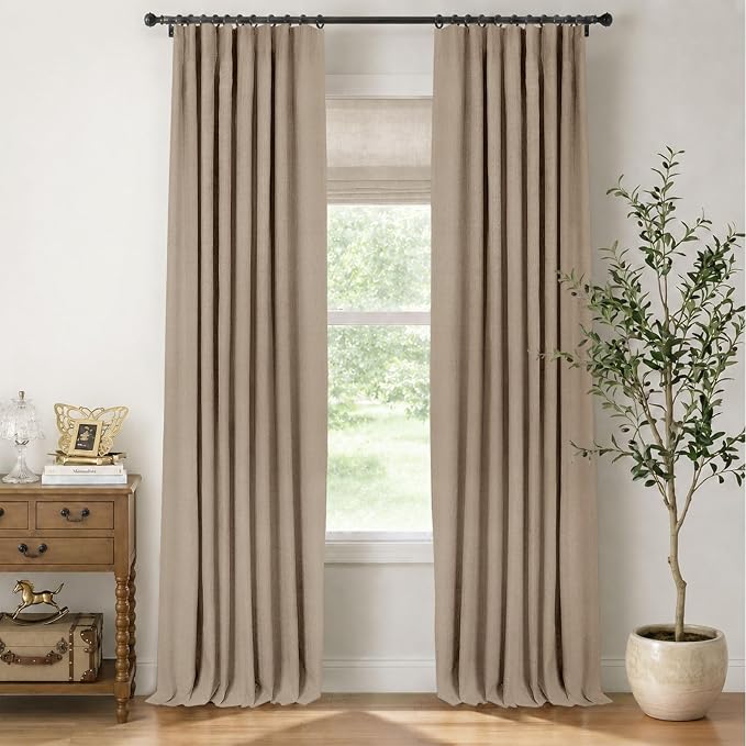 INOVADAY 100% Blackout Curtains for Bedroom, Taupe Black Out Curtains 102 Inch Long, Clip Rings Linen Blackout Drapes, Thermal Insulated Room Darkening for Living Room, 2 Panels - W50xL102