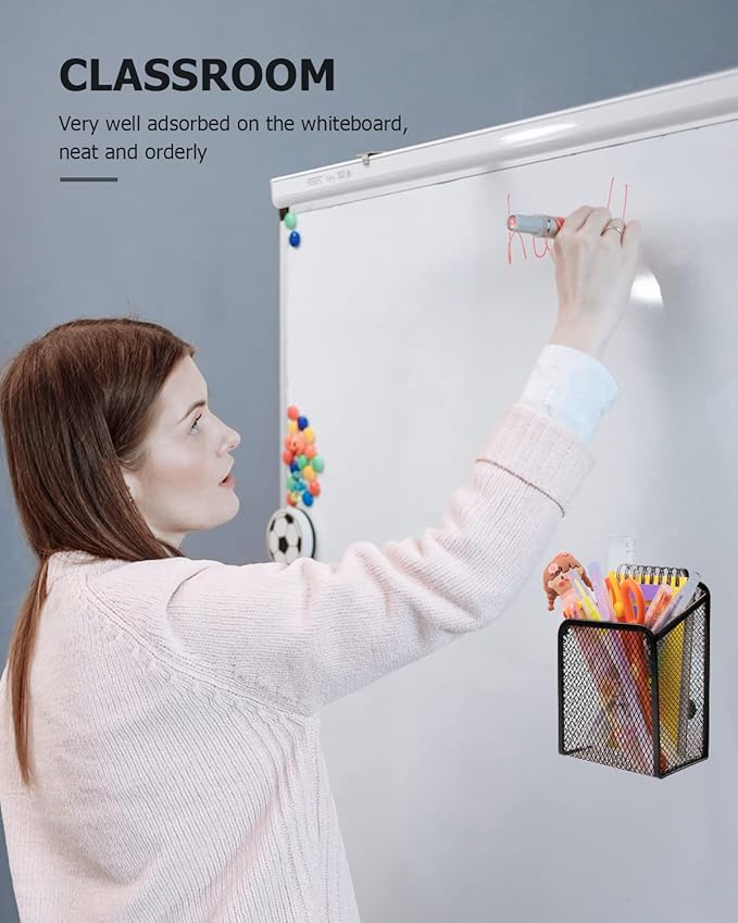 QYH Large Magnetic Pen Holder 2 Pack Magnetic Basket 8 Strong Magnet Pencil Holders Locker Accessories for Refrigerator Whiteboard Black(3.54x2.76x5.04 In)