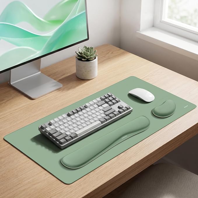MOSISO Keyboard Mouse Pad Set, Gaming Mouse Pad&Keyboard Wrist Rest&Wrist Rest, Ergonomic Wristrests with Memory Foam Home Office Easy Typing Cushion Non-Slip Mousepad, Antique Green