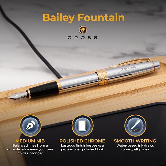 Cross Bailey Medalist Engraved Fountain Pen, Chrome with 23K Gold Trim, Stainless Steel Medium Nib, Personalized Gift for Graduation, Career Advancement, Retirement, Bar Passage, Cross Gift Box