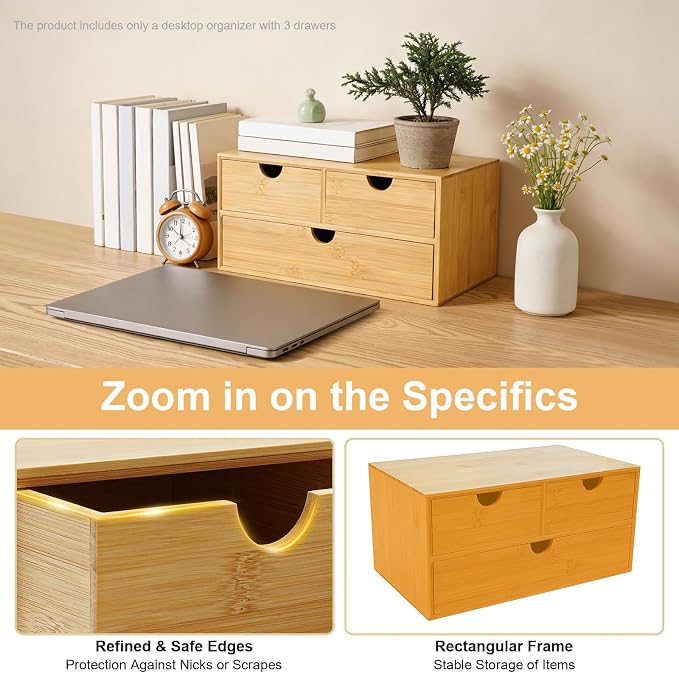 3 Drawers Bamboo Desk Organizer, Tabletop Storage Organization Multifunctional Desktop Organizer Office Wooden Drawer Mini Wood Desk Drawers Organizers for Home Office No Assembly Required