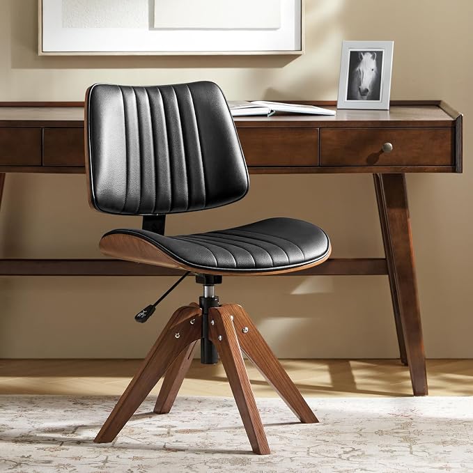 HULALA HOME Faux Leather Home Office Desk Chair No Wheels, Black | Mid-Century Modern Desk Chair with Wood Legs, 360° Swivel Computer Task Chair with Channel-Tufted Backrest, Height Adjustable