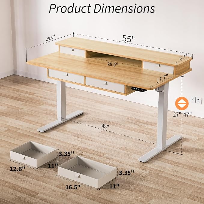 Kingant Electric Standing Desk with 4 Drawers,USB Charging Ports 55"x 30" | Ergonomic Height Adjustable Large Workstation, Heavy-Duty Sit Stand Up Desk For Home Office Daily Work,Nature