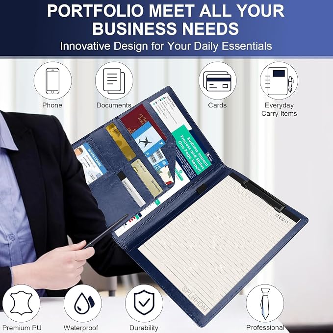 Portfolio Binder, Portfolio Folder Padfolio with A4 Clipboard, PU Leather Portfolio Clipboard Business Binder Writing Clip Board Organizer for Legal Documents Business Card Men Women